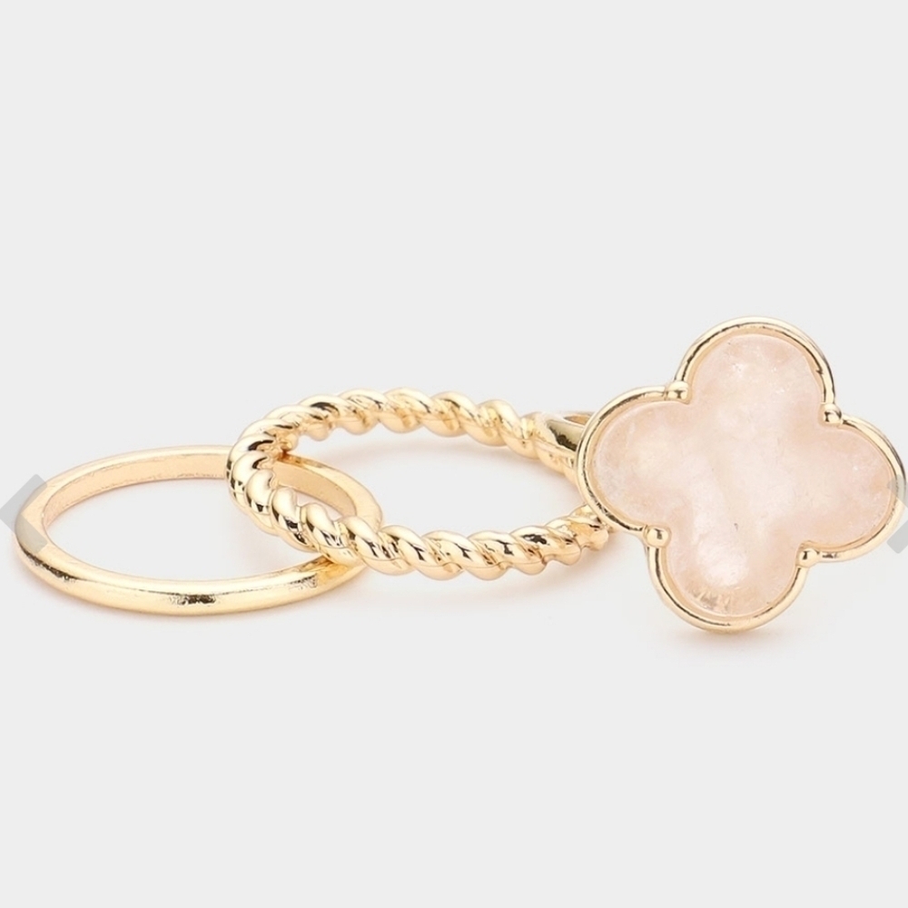 NWT 3PCS - Semi Precious Quatrefoil Metal Band Mixed Rings